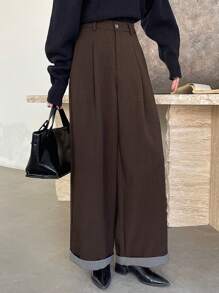 DAZY Women's Striped Patchwork Wide Leg Pants With Pockets, Casual Loose Suit Pants Buisness Attire - Brown - View 3