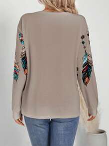 SHEIN LUNE Westlicher Cowboy Langarm Damen T-Shirt mit buntem Federn- und Kettenmuster, geeignet für Herbst/Winter