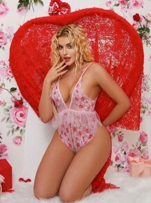 Mono de mujer con diseños de labios, corazones y aperturas en la entrepierna, provocativo y seductor, para el Día de San Valentín