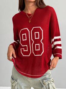 Coolane Jersey oversize de punto con rayas y estampado de números de manga 3/4 como cubridor, para primavera/verano, para el Día de San Valentín/Nochevieja