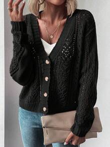 EMERY ROSE Women's Solid Color Long Sleeve Black Cardigan, Minimalist Casual Daily Wear Fall Winter Cloth For Women - Black - View 6