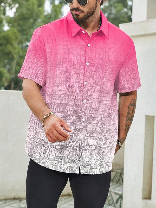Manfinity Homme Plus Size Men's Gradient Color Single-Breasted Casual Loose Short Sleeve Shirt