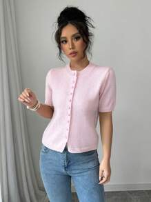 Gloray Nueva llegada Suéter holgado y sencillo de punto con botones para mujer, suéter de manga corta en color rosa para otoño/invierno