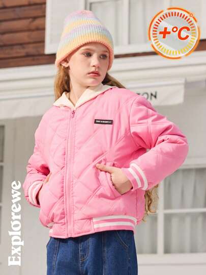 SHEIN 1 件女童城市风格绗缝棒球夹克带徽章，舒适保暖，适合日常城市外出、休闲、居家和学校