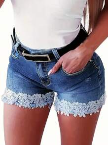 Stretchy Lace Pocket Skinny Denim Shorts For Women - Medium Wash - View 4
