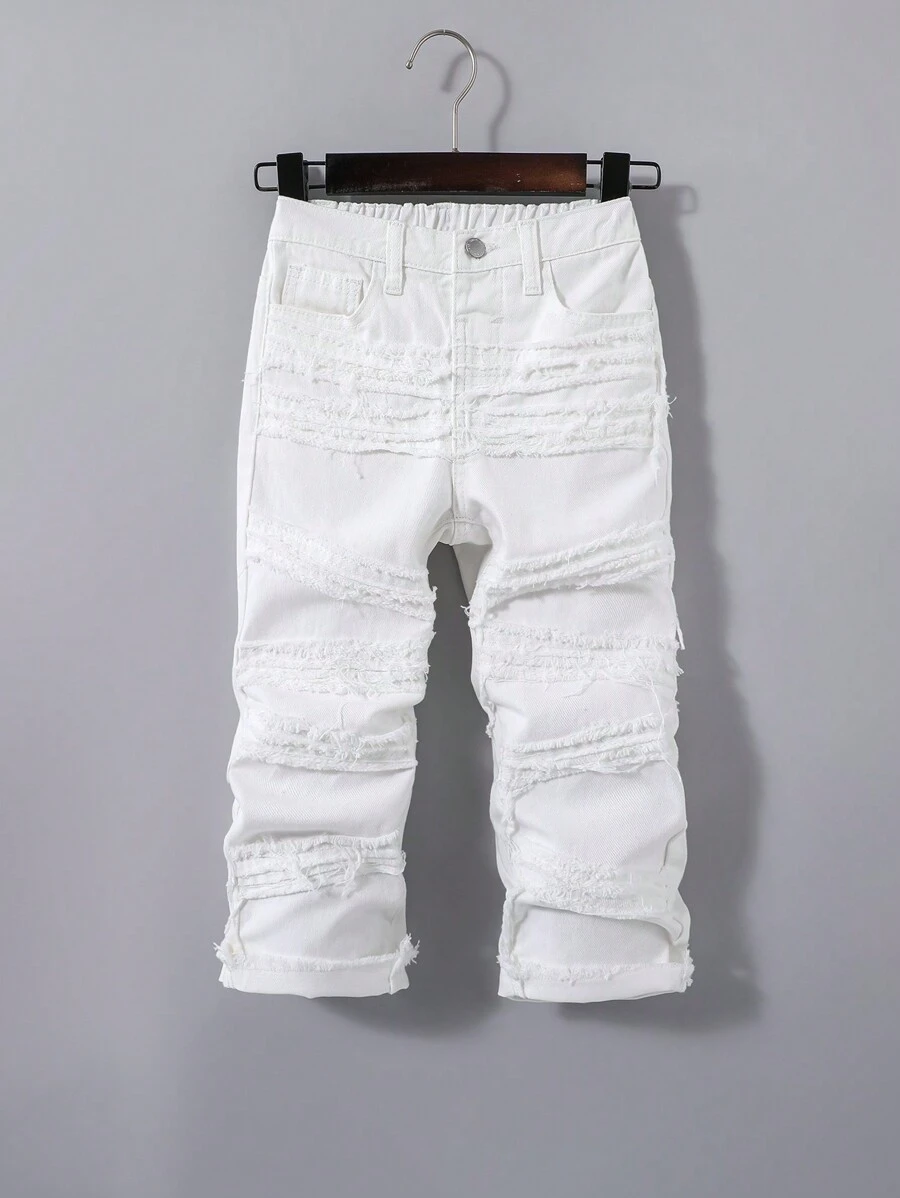 SHEIN Young Boy Casual Fashion Comfortable Baggy Blue Denim Frills With Fringe White Denim Pants For Dailywear And Spring/Summer Clothes - White - View 1