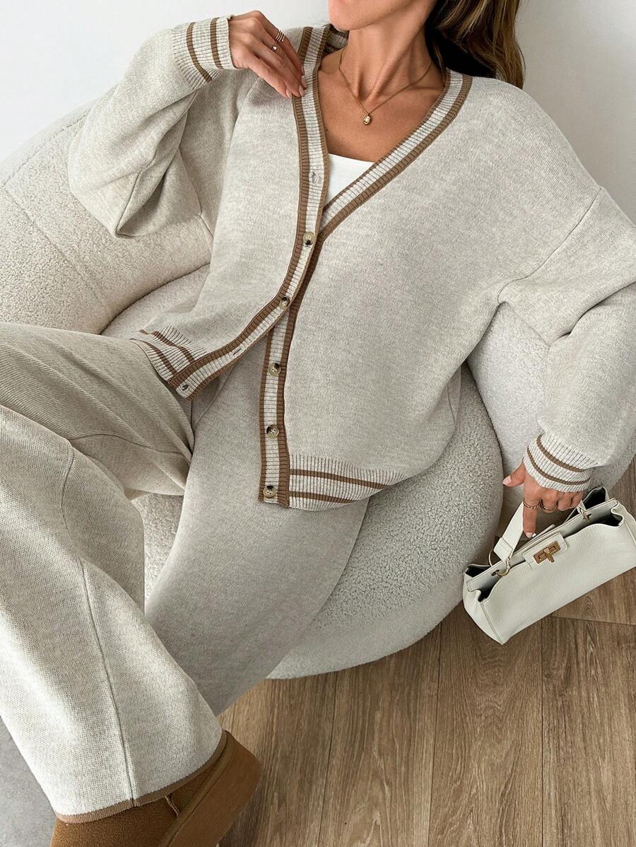 EURMUSE "Women's Beige Two-Piece Loungewear Set With V-Neck Button-Down Top And High-Waisted Pants, Brown Trim Details - Beige - View 1
