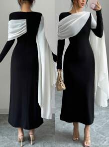 Rafferiza Vestido largo de mujer con cuello redondo de manga larga, asimétrico, de gasa transparente con empalmado de parches en blanco y negro, de estilo original nuevo para vacaciones, citas y fiestas, con cintura alta elástica y cremallera larga, elegante