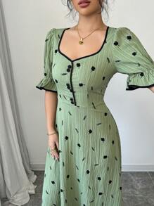 Modelyn Women's Floral Print Button Trim Dress, Elegant Long Sleeve - Green - View 6