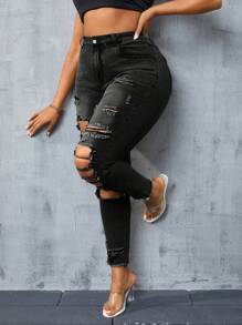 SHEIN SXY Plus Size Women Distressed Pockets Skinny Casual Jeans - Black - View 4