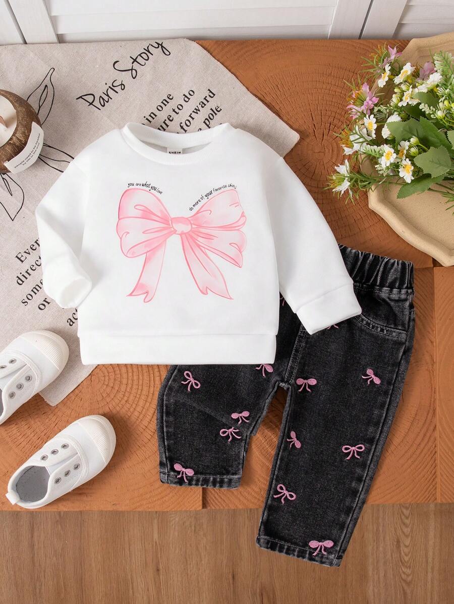 SHEIN Newborn Baby Girls' White Round Neck Sweatshirt, Pink Bow Print Denim Pants, Pink Bow Embroidery Cute Sweet Suit, Autumn/Winter