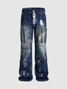 ROMWE MEN Street Life Men's Zipper Closure Casual Denim Jeans, Minimalist & Fashion For Daily Wear - Blue - View 1