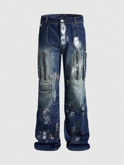 Street Life Pantalones vaqueros de mezclilla casuales con cierre de cremallera para hombres, minimalistas y de moda para uso diario