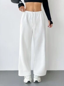 SHEIN PETITE Casual Essential Simple White Drawstring Waist Loose Sweatpants - White - View 8