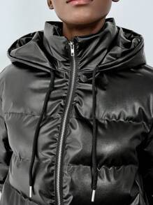 Chiquease Minimalist Casual Hooded Drawstring Design PU Material Women Padded Padded Coat Clothes Winter - Black - View 3