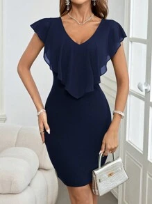 SHEIN Clasi Women's Ruffle Patchwork Fitted Dress With Criss-Cross Back, Green Color