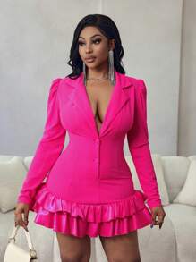 BamGleam 女士纯色立领灯笼袖荷叶边下摆性感时尚连衣裙 - 玫紅色 - 查看 7