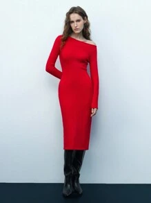 Maija Women's Red Elegant Autumn Party Knit Dress,Bordeaux Asymmetric Neck Loose Raglan Long Sleeve Floral Textured Midi Dresses,Valentine's Day Apparel - Burgundy - View 3