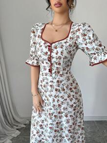 Modelyn Đầm dài đơn giản tay ngắn viền tương phản cho nữ, mặc thường ngày - trắng - Xem 6