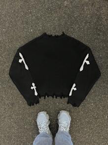 AXEPEAK Men's Cross Graphic Casual Loose Drop Shoulder Short Knit Black Long Sleeve Sweater, Autumn/Winter - Black and White - View 2