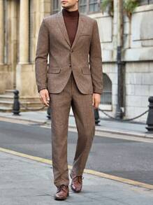 Manfinity VCAY 2pcs/Set Men's Close-Fitting Casual Suit Set, Suitable For Autumn/Winter - Brown - View 4