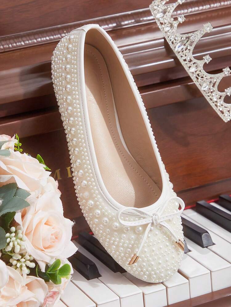 CUCCOO HITCHD Women's Fashion Cute White Bow Faux Pearl Pointy Toe Flats, Comfortable Casual Slip-On Shoes For Commuting, Date, Shopping Summer Shoes Summer Break Easter Wedding Bridal Shoes For Christmas Elegant Shoes Wedding Shoes Summer Shoes Bride Shoes