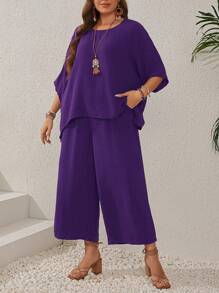 EMERY ROSE Plus Size Women's Dark Blue Batwing Sleeve Round Neck Shirt And Wide Leg Pants Set With Pockets For Summer