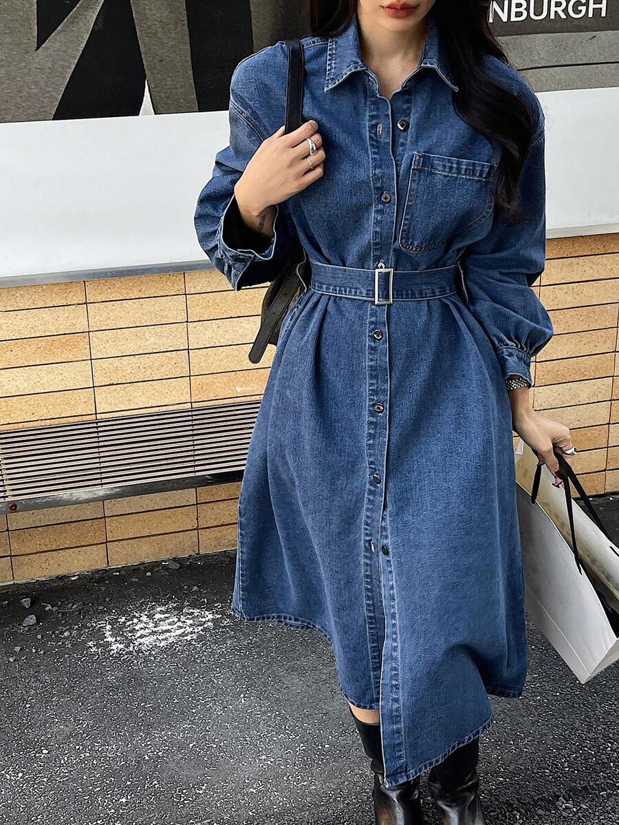 DAZY Vestido camisero de manga larga con cintura y cuello de mezclilla para mujer - Azul - Ver 1