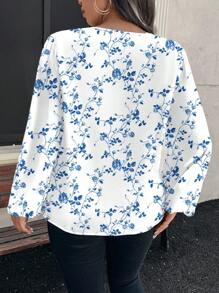 Reflora 大码休闲花卉图案圆领长袖衬衫，春/秋 - 白色 - 查看 2