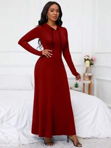 SHEIN LUNE Gaun Maxi Wanita Berkerudung dengan Tali Serut dan Kantong, Pakaian Wanita - Burgundy - View 3