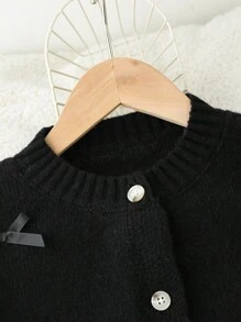 Conjunto de 2 piezas para niña preadolescente con jersey de punto con lazo elegante y falda de punto plisada, atuendo de invierno - Negro - Ver 6