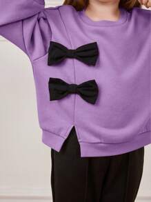 Cozy Pixies Young Girl Fashion 3D Bow Round Neck Dropped Shoulder Pullover Hoodie