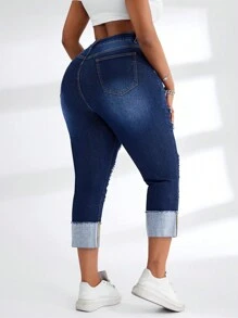 SHEIN SXY Plus Size Women's Blue Elastic Distressed Ripped Ankle-Length Jeans - Blue - View 2