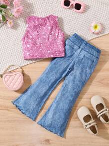 SHEIN Set de 2 piezas compuesto por top ajustado de punto con diseño lindo de niña y pantalones acampanados de punto