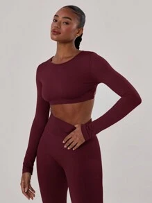 Musera Sport Cross Back Crop Long Sleeve Gym Top, Padel, Tennis, Pickleball Gym Fitness Winter - Burgundy - View 2