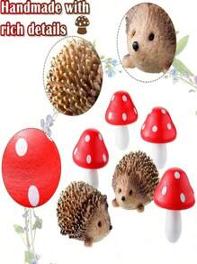 Fairy Wild Garden Accessories Mini Hedgehogs And Mushroom Statue, Micro Landscape Plant Pots Bonsai Craft Decor,2 Hedgehogs & 4 Mushrooms Mini Statues,Miniature Mushroom Figurines Hedgehogs Outdoor Mushroom Figurine For Miniature Garden, For Flower Pots And Bonsai Craft Decoration, Micro Landscape,Festival Gift Easter Gift,Spring - Multicolor - View 2