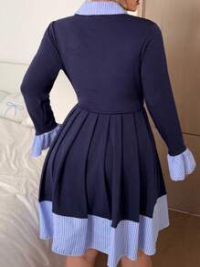 Flirla College Style Shirt Dress For Women, Autumn New Arrivals, Fashion Simple Waist-Cinched Striped Patchwork Dress - Blue - View 2