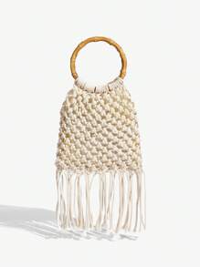 SHEIN SXY 女士手提包，时尚、优雅、简约、个性化、多功能，手工钩编，流苏，适合海滩、度假、假日、夏季、海边，与钩编套装完美搭配 - 杏色 - 查看 3