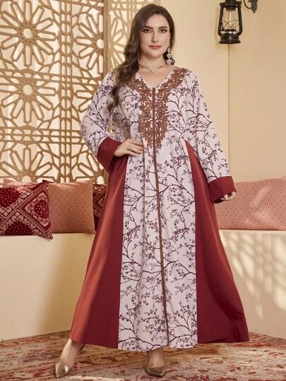 Al Najma Plus Size Women Branch Floral Print Patchwork Modest Elegant Arabic Style Dress