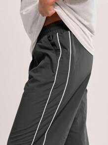 MUSERA 弹力腰带撞色滚边喇叭裤宽松休闲长裤，适合返校季穿着，舒适百搭，街头风运动裤/慢跑裤/家居裤，春季穿搭 - 深灰色 - 查看 5