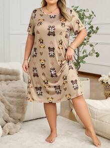 Simple Fashionable Cartoon Bear Print Plus Size Casual Nightgown For Everyday Wear
