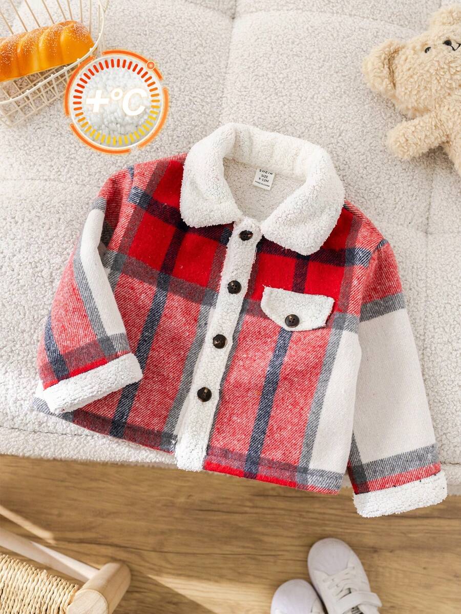 SHEIN Baby Boys All-Match Plaid Thermal Lined Casual Sport Gentleman Preppy Style Jacket, Suitable For Autumn And Winter Seasons
