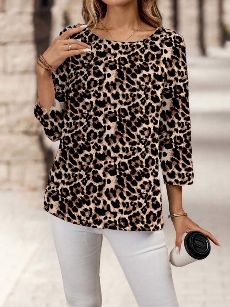 Casual Vintage Leopard Print Relaxed Fit Round Neck Long Sleeve Women Shirt, Suitable For Autumn/Winter Chic Blouses For Women,Casual