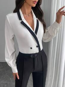 Modelyn 女士秋季双色翻领长袖双排扣优雅衬衫 - 白色 - 查看 1