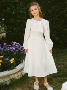 SHEIN Tween Girl 蝴蝶结装饰休闲长袖连衣裙，舒适