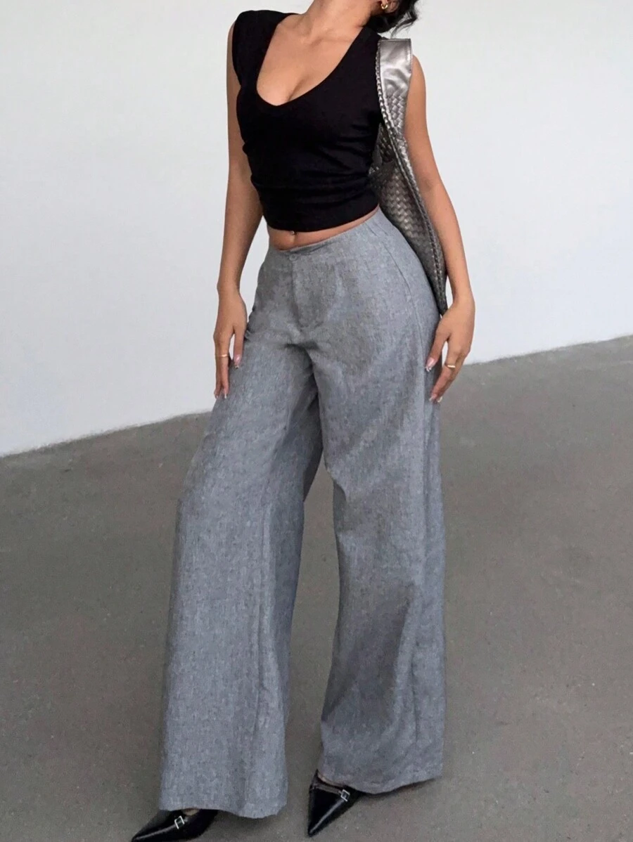 Aloruh Women's Casual Commuting Solid Color Wide Leg Pants - Khaki - View 1