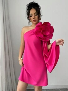 Elenzga 优雅 3D 花卉装饰单肩喇叭袖连衣裙