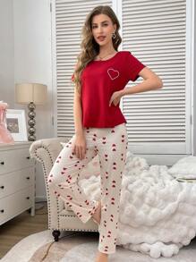 Red Heart Print Short Sleeve & Pants Pajama Set - Multicolor - View 3