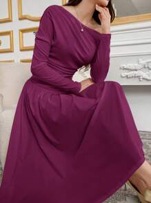 Modelyn Women's Elegant Charm Slanted Shoulder Knit Woven Umbrella Hem Fashion Dress Long Evening Dresses