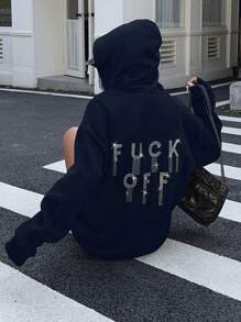 Flirla Women's Casual Everyday Rhinestone Letter Graphic Loose Hoodie Sweatshirt, Autumn Thermal Graduation,Back To School,Graduation,Teacher For Women,Back To School Pullover Fall Sweatshirt - Navy Blue - View 7